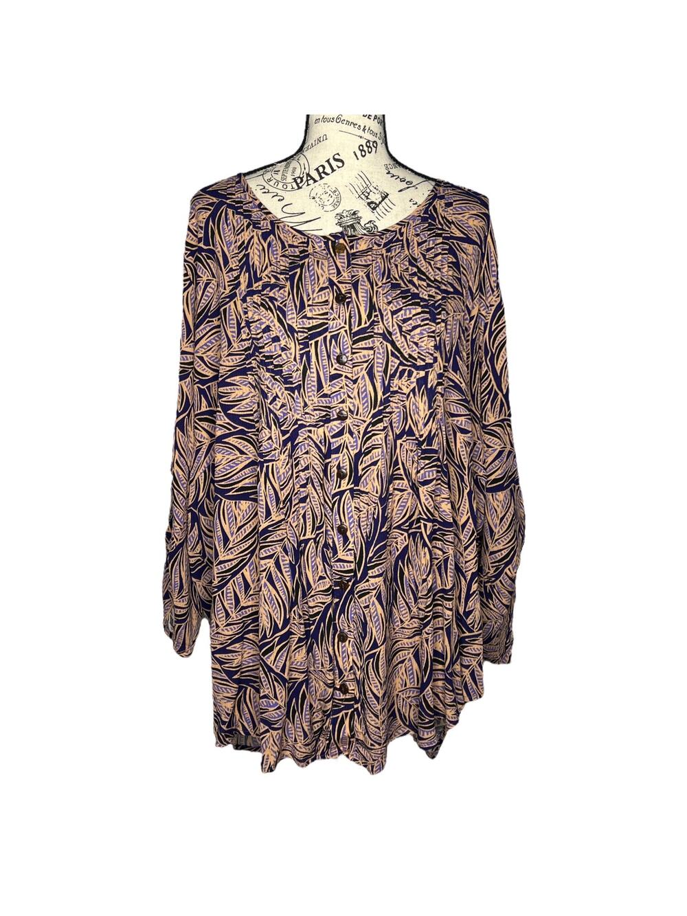 Avenue SIZE 26/28 Leaf Patterned Button Up Top Olivia Pintuck Shirt Blouse
